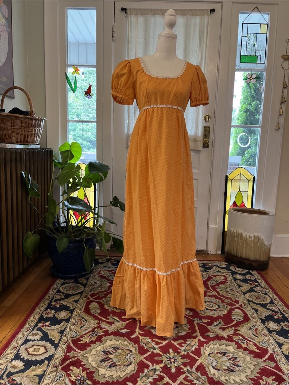 Vintage S 1960s 70s Handmade Apricot Bridesmaid Dress Polka Dot Daisy Retro Maxi